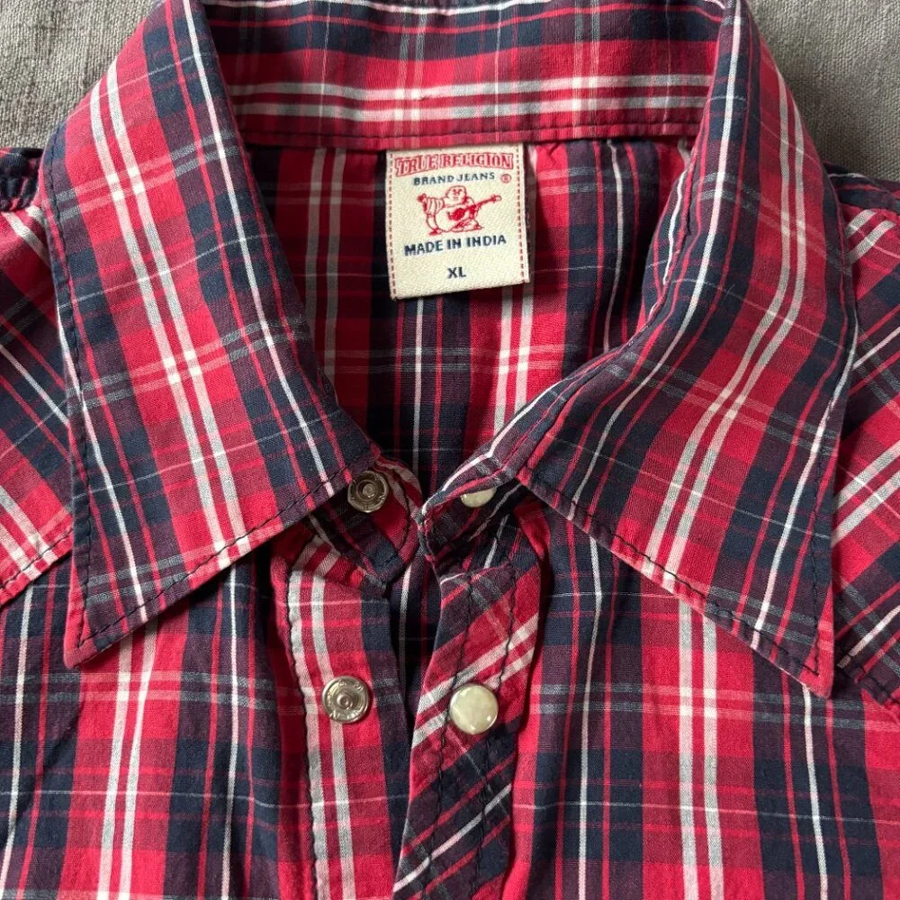 True Religion Men's Pearl Snap‎ Western Shirt Red Plaid Long Sleeve Button Up XL